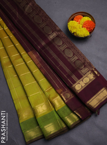 Green & Coffee Brown Gems Of Silk Cotton - Checks