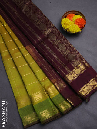Green & Coffee Brown Gems Of Silk Cotton - Checks