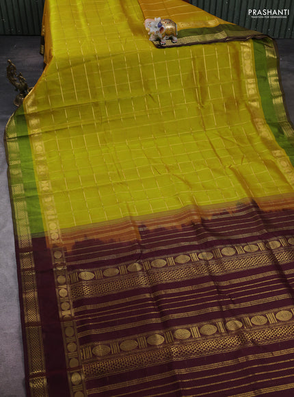 Green & Coffee Brown Gems Of Silk Cotton - Checks