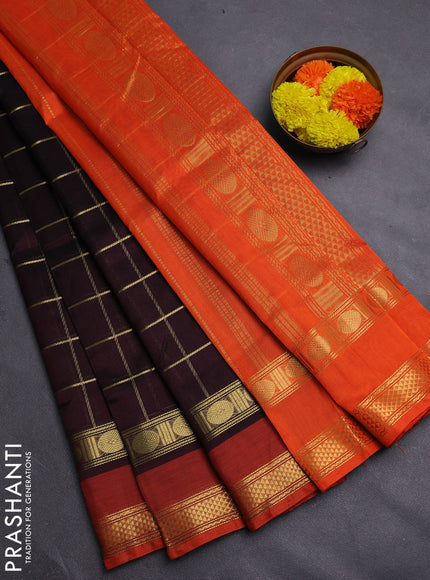 Coffee Brown & Orange Gems Of Silk Cotton - Checks