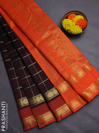 Coffee Brown & Orange Gems Of Silk Cotton - Checks