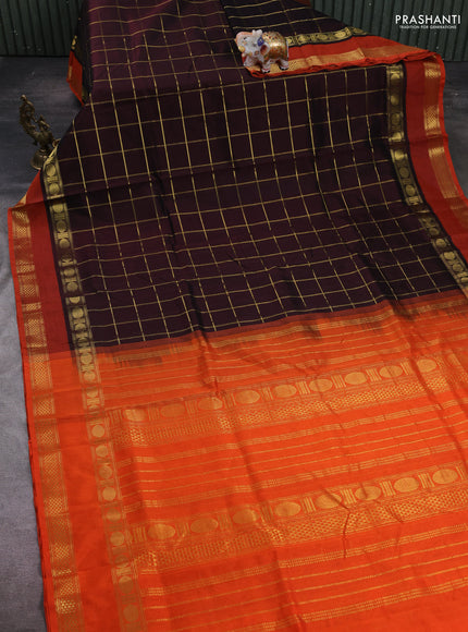 Coffee Brown & Orange Gems Of Silk Cotton - Checks
