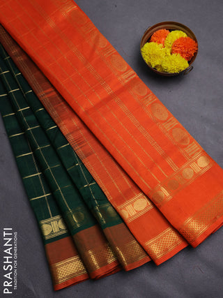 Bottle Green & Orange Gems Of Silk Cotton - Checks