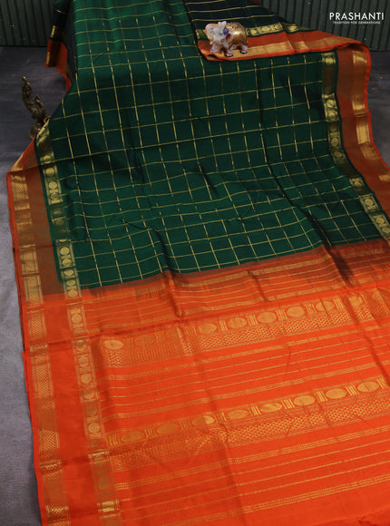 Bottle Green & Orange Gems Of Silk Cotton - Checks