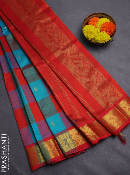 Teal Blue & Red Gems Of Silk Cotton - Palum Pazhamum