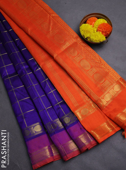 Blue & Orange Silk Cotton Saree - Checks