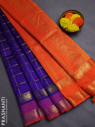 Blue & Orange Silk Cotton Saree - Checks