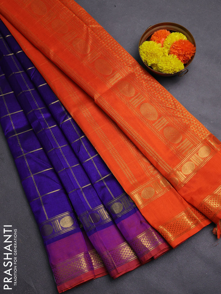 Blue & Orange Silk Cotton Saree - Checks