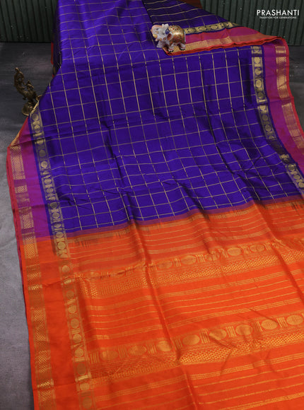 Blue & Orange Silk Cotton Saree - Checks