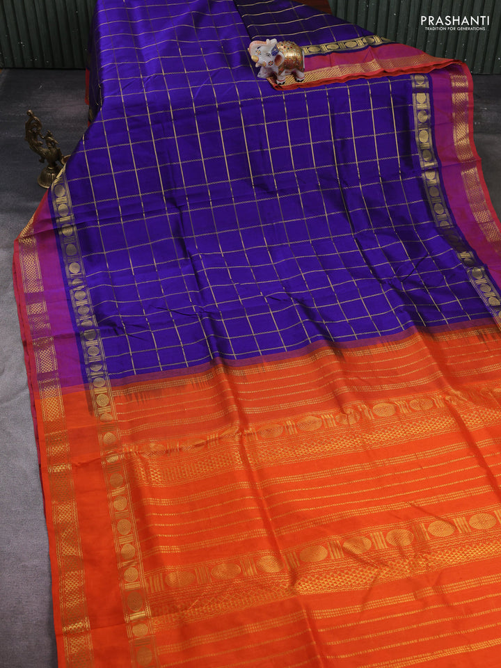 Blue & Orange Silk Cotton Saree - Checks