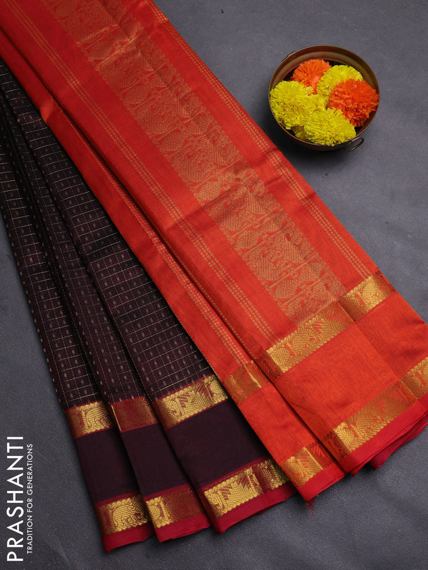 Coffee Brown & Red Gems Of Silk Cotton - Laksha Deepam