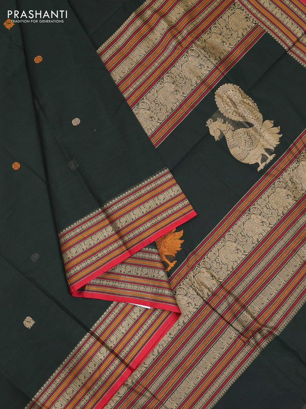 Bottle Green & Red Kanchi Cotton - Buttas