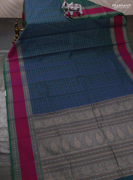Peacock Blue & Magenta Pink Kanchi Cotton - Checks
