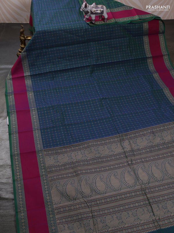 Peacock Blue & Magenta Pink Kanchi Cotton - Checks