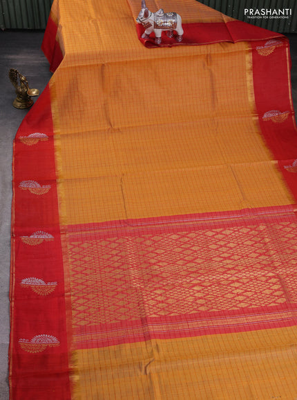 Mustard Yellow & Red Pure Dupion Silk Saree