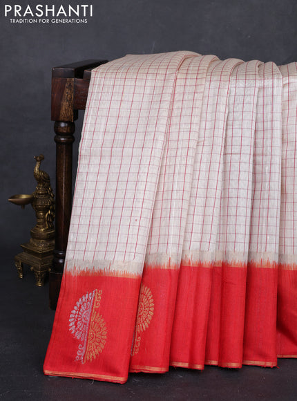 Off White & Red Pure Dupion Silk Saree