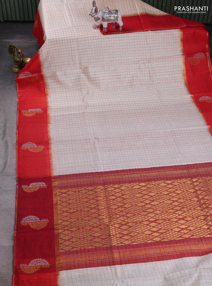 Off White & Red Pure Dupion Silk Saree