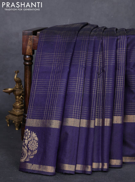 Navy Blue Pure Dupion Silk Saree