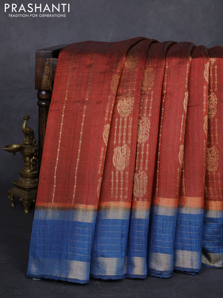 Red & Peacock Blue Pure Dupion Silk Saree