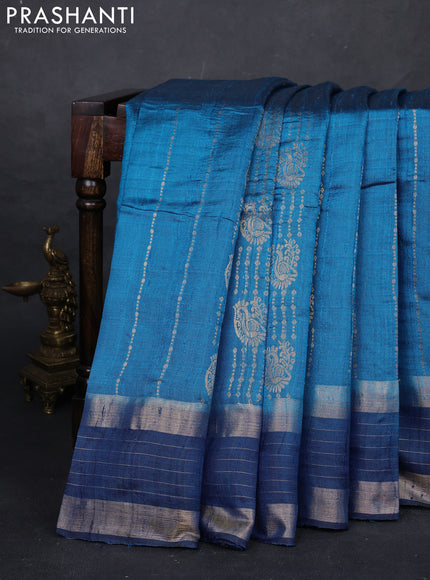 Cs Blue & Blue Pure Dupion Silk Saree