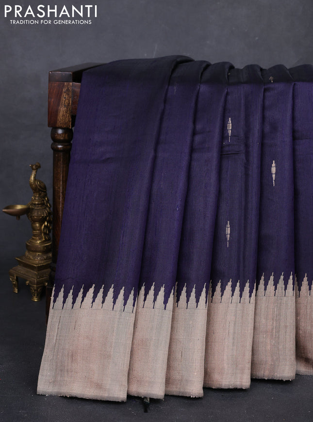 Navy Blue & Beige Pure Dupion Silk Saree