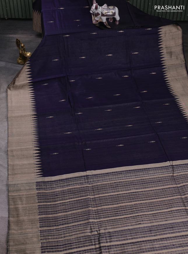 Navy Blue & Beige Pure Dupion Silk Saree