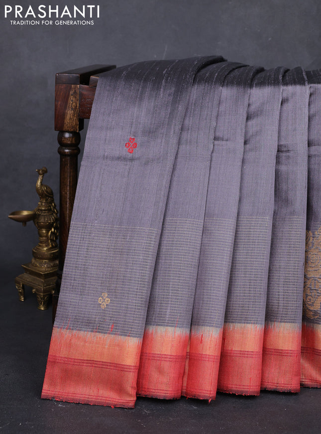 Grey & Red Pure Dupion Silk Saree