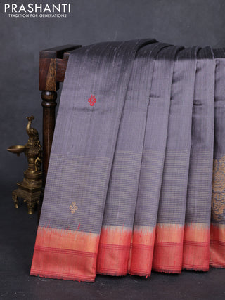 Grey & Red Pure Dupion Silk Saree
