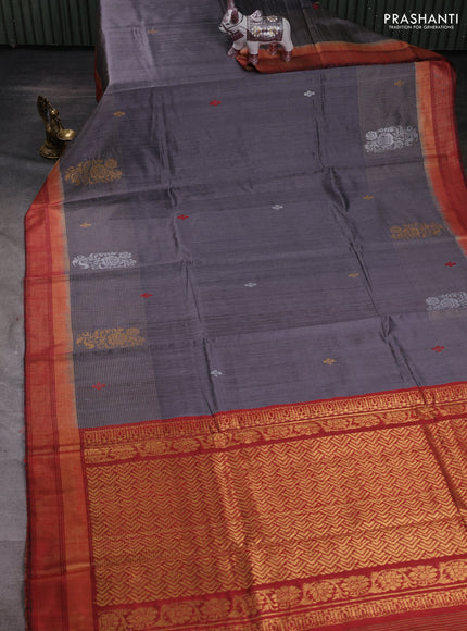 Grey & Red Pure Dupion Silk Saree