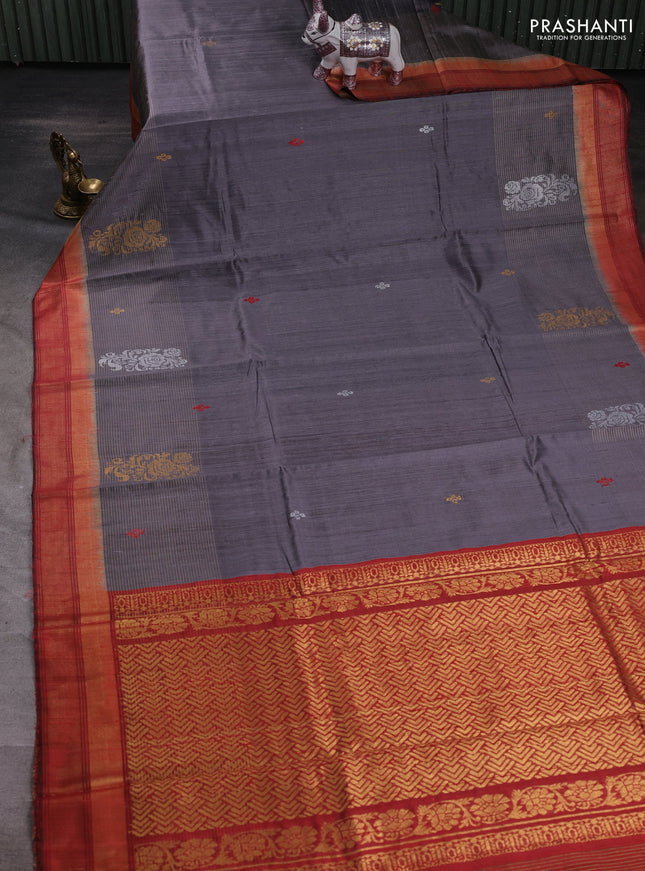 Grey & Red Pure Dupion Silk Saree