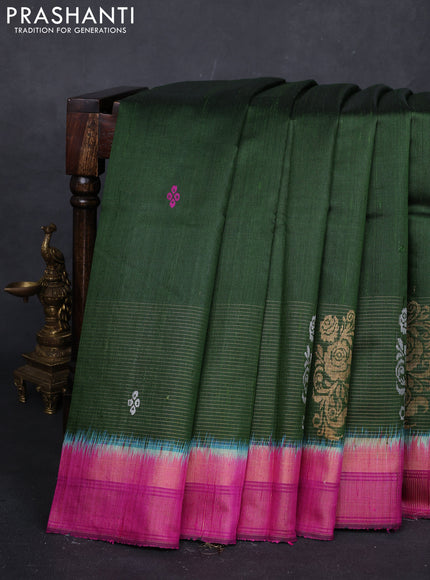 Green & Pink Pure Dupion Silk Saree