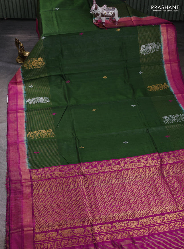 Green & Pink Pure Dupion Silk Saree