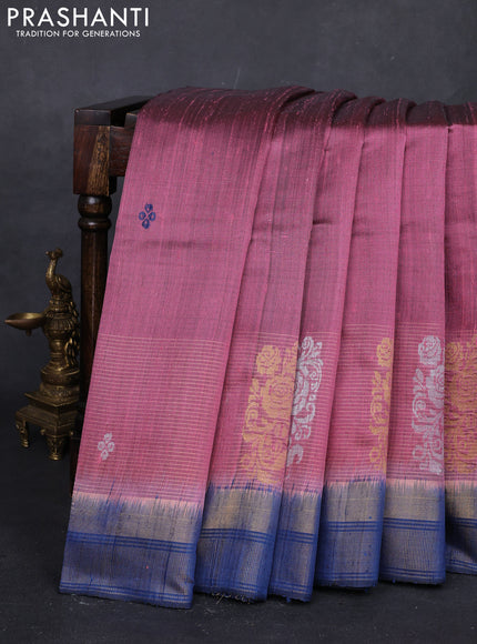 Mauve Pink & Blue Pure Dupion Silk Saree