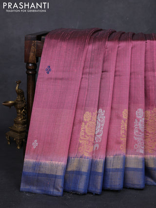 Mauve Pink & Blue Pure Dupion Silk Saree