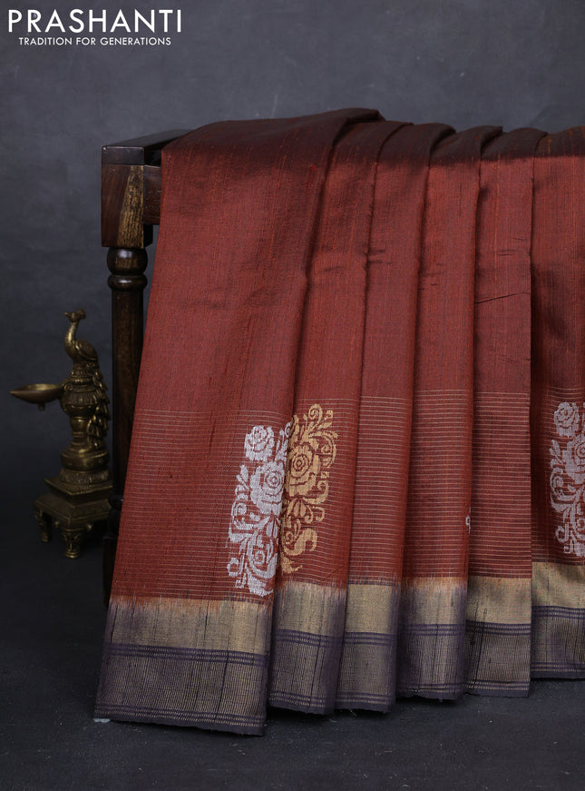 Brown & Black Pure Dupion Silk Saree