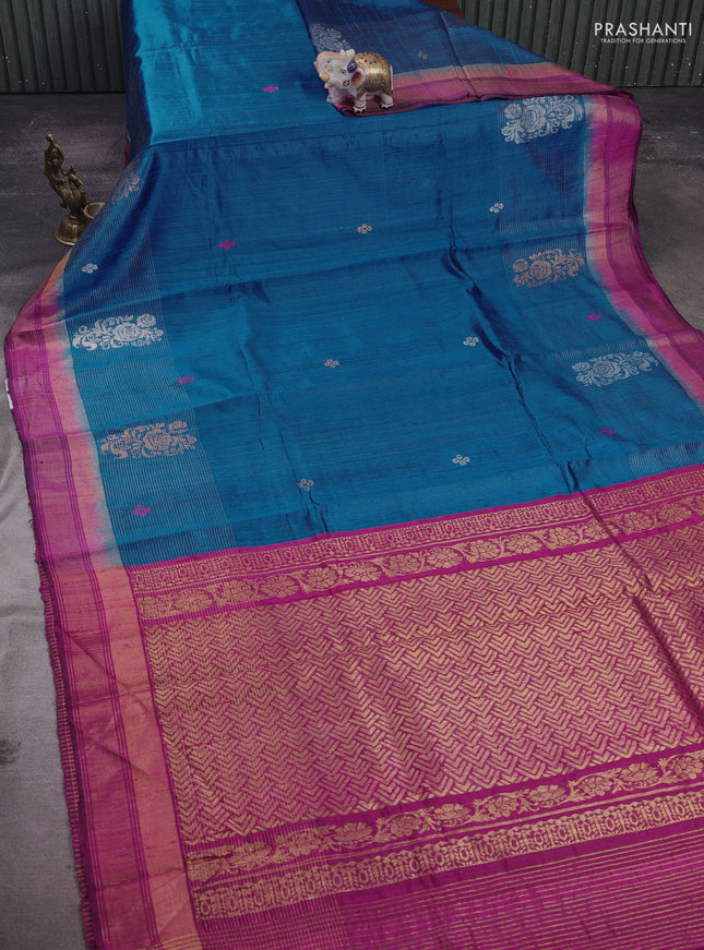 Cs Blue & Magenta Pink Pure Dupion Silk Saree