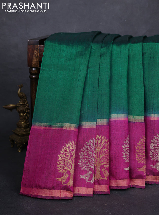 Green & Magenta Pink Pure Dupion Silk Saree