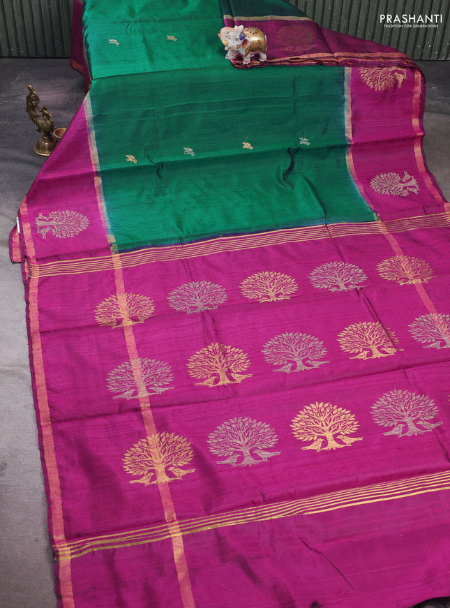 Green & Magenta Pink Pure Dupion Silk Saree