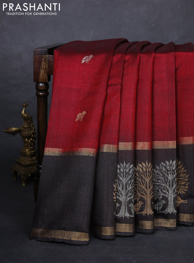 Maroon & Coffee Brown Pure Dupion Silk Saree