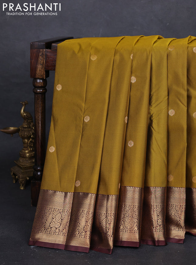 Mustard Green & Brown Bangalori Silk - Buttas