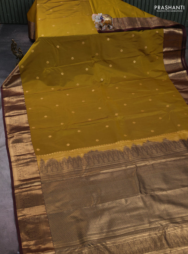 Mustard Green & Brown Bangalori Silk - Buttas