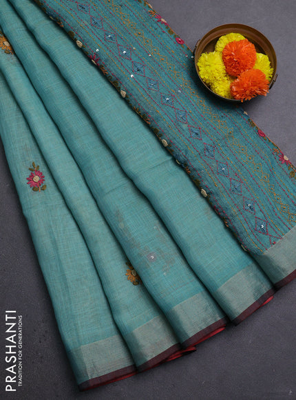 Peacock Green & Red Linen Saree - Embroidery