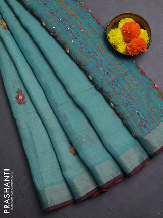 Peacock Green & Red Linen Saree - Embroidery