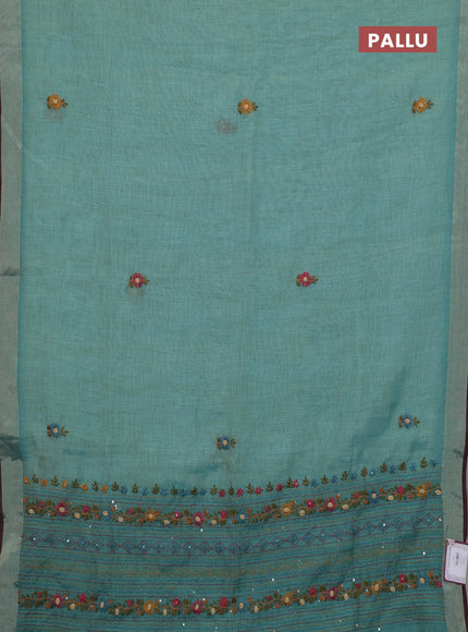 Peacock Green & Red Linen Saree - Embroidery