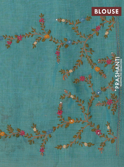 Peacock Green & Red Linen Saree - Embroidery