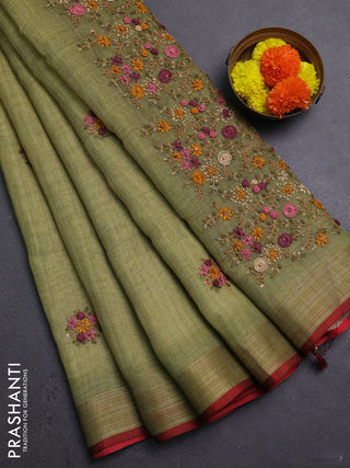 Green & Red Linen Saree - Embroidery