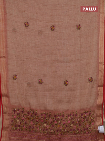 Rust & Red Linen Saree - Embroidery
