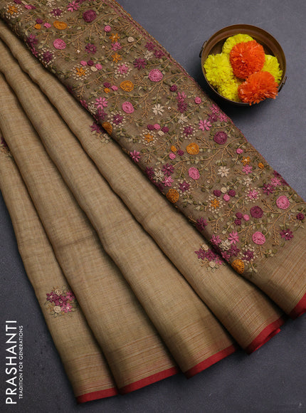 Mustard Yellow & Red Linen Saree - Embroidery