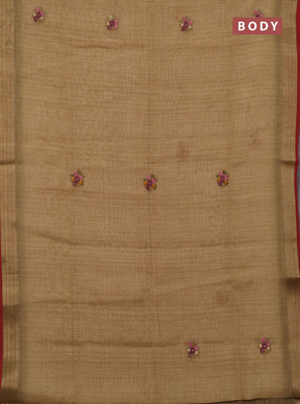 Mustard Yellow & Red Linen Saree - Embroidery