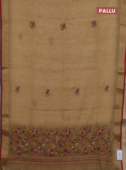 Mustard Yellow & Red Linen Saree - Embroidery